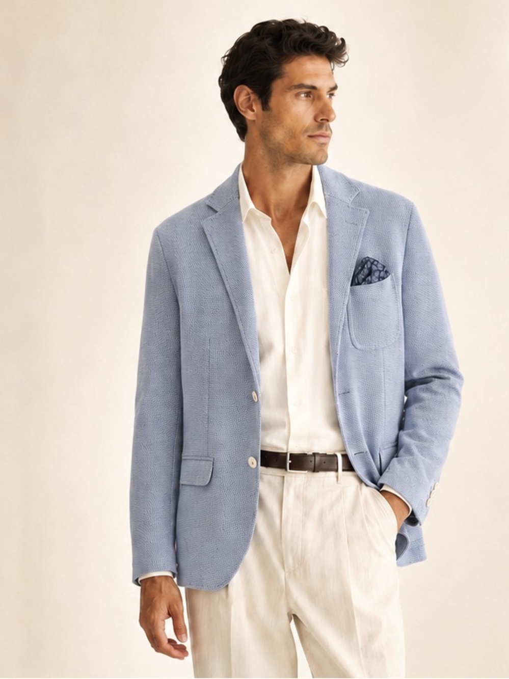 Massimo Dutti Knit Blazer Birdseye Flap Pockets Sky Blue Cream Buttons Size 38R